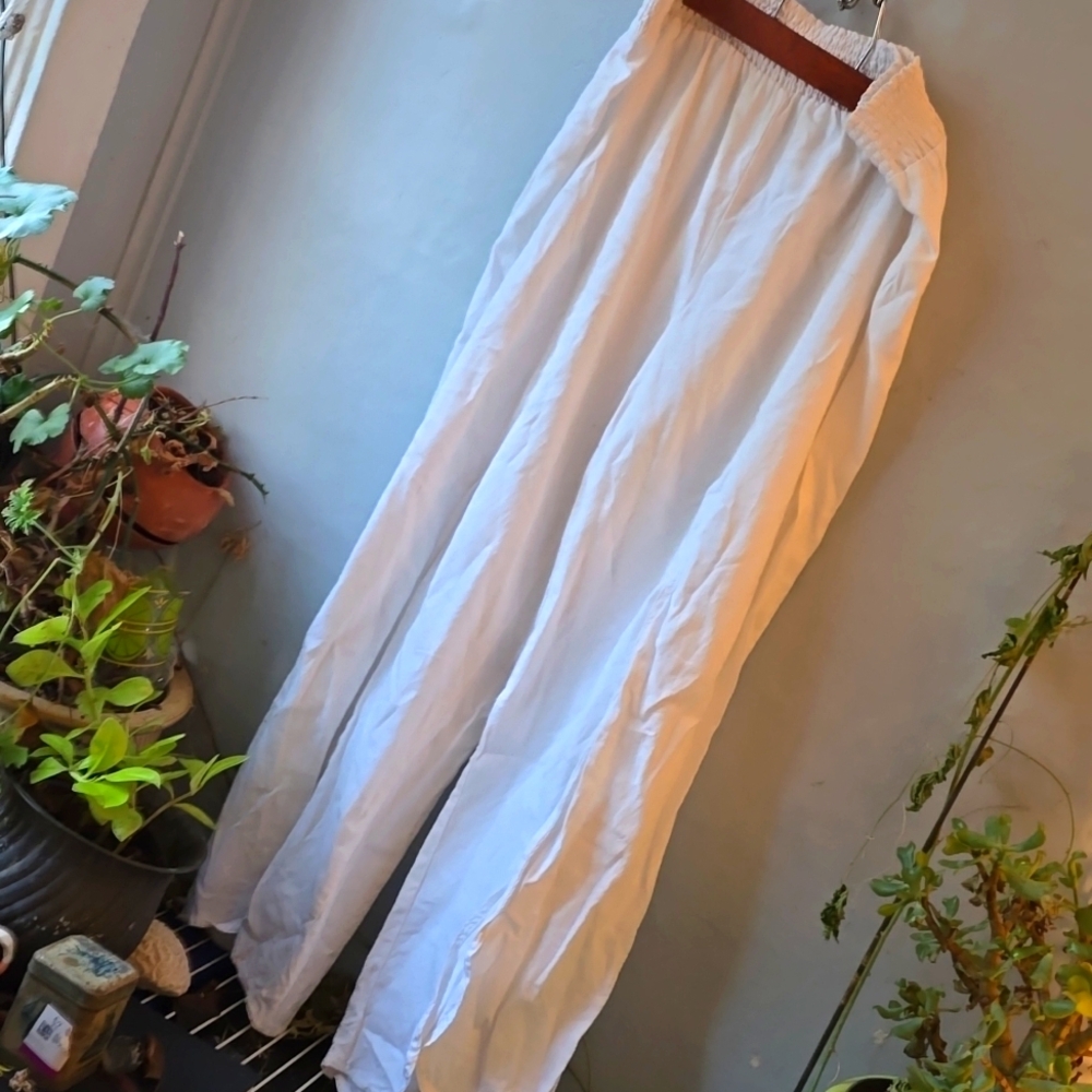 Linen Blend Land N Sea White Palazzo Pants Lagenlook Ruched Elastic Waist Sz L